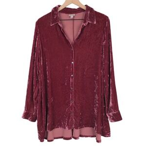J. JILL Crushed Silk Blend Velvet Button Up Tunic Top Sz S Berry Red L/S Shirt